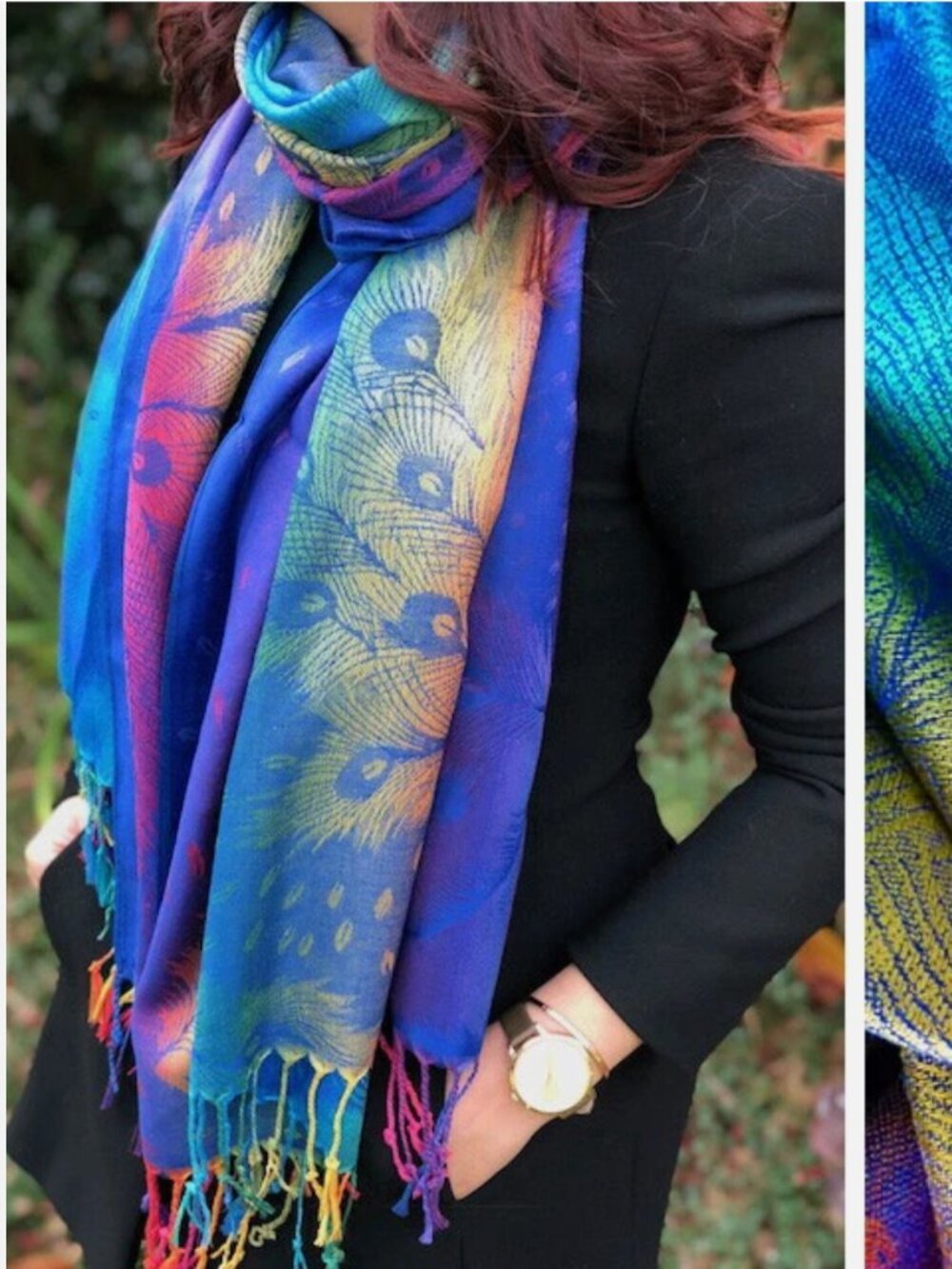 Royal blue pashmina shawl with rainbow peacock feather and floral pattern
